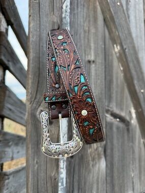 Ariat Brown Tooled Leather Belt with Turquoise Inlay and Decorative Buckle